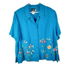 Halmore Plus Women's Sz 20W Blue Linen Blend Shirt Floral Embroidered Blouse